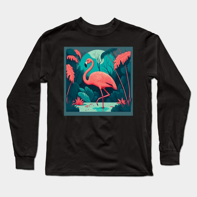 Flamingo in a Lake in Pink and Teal Long Sleeve T-Shirt by Geminiartstudio